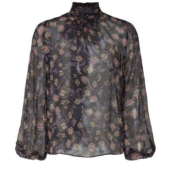 MISA Los Angeles Lulu Floral Top XS blouse long sleeve sheer tie bow black mock - Picture 5 of 16